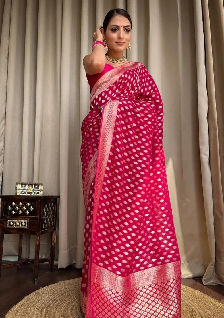 Pink Jacquard Silk Blend Saree Set - Indya