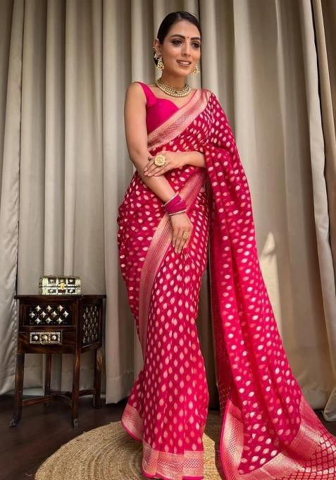 Pink Jacquard Silk Blend Saree Set