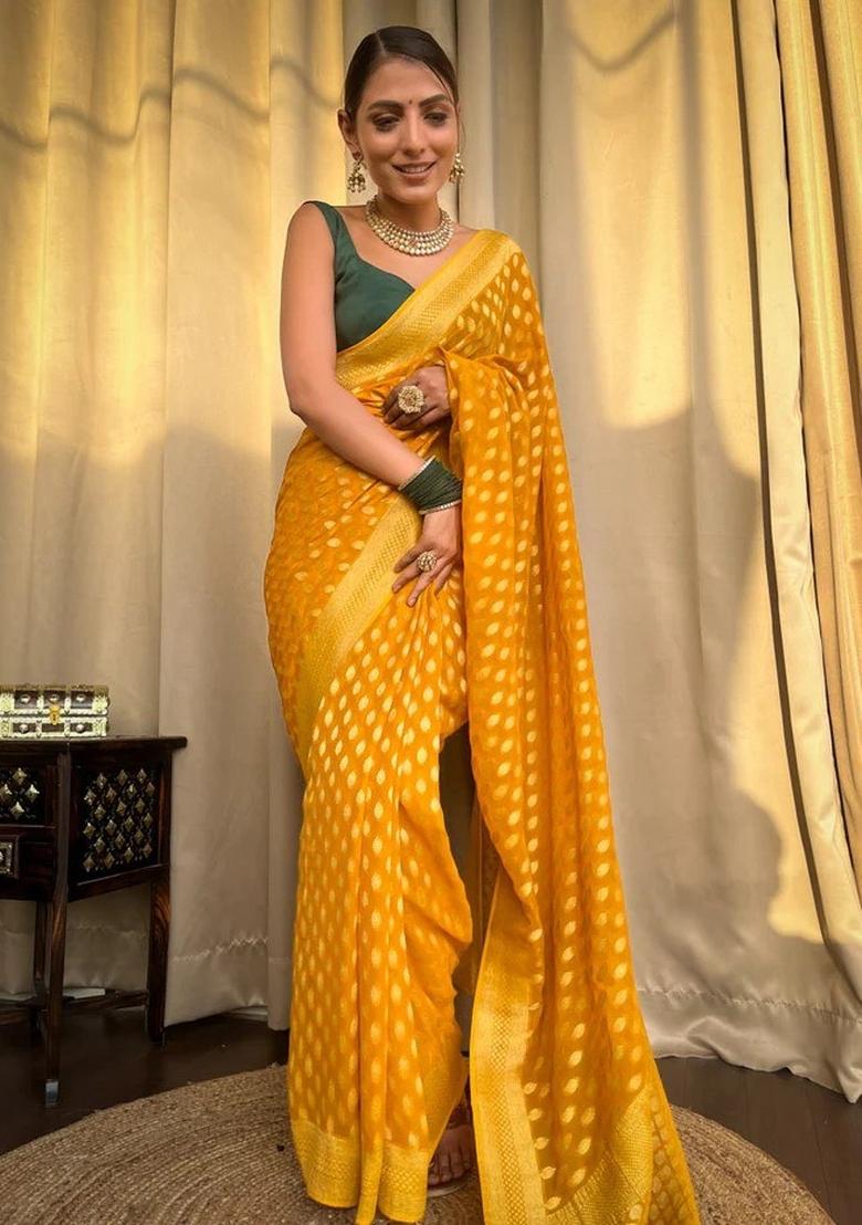 Yellow Jacquard Silk Blend Saree Set - Indya