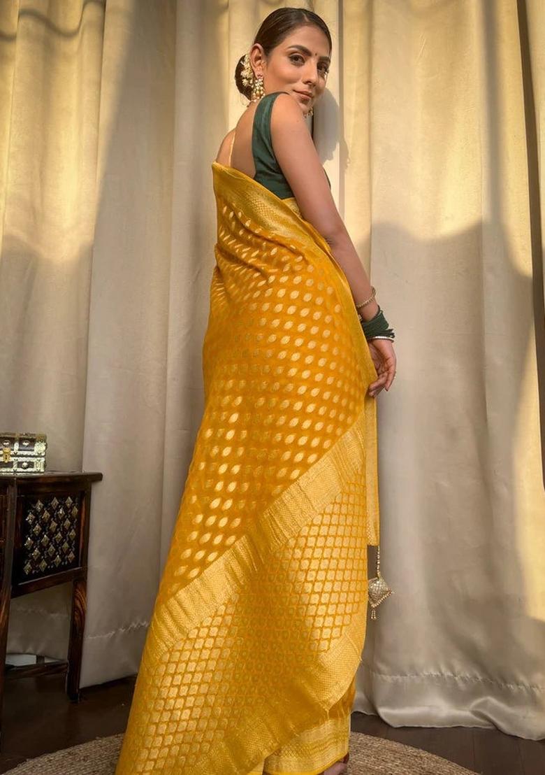 Yellow Jacquard Silk Blend Saree Set - Indya
