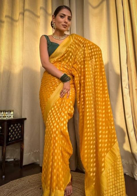 Yellow Jacquard Silk Blend Saree Set