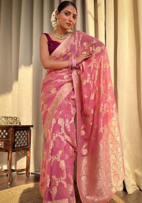 Light Pink Jacquard Silk Blend Saree Set
