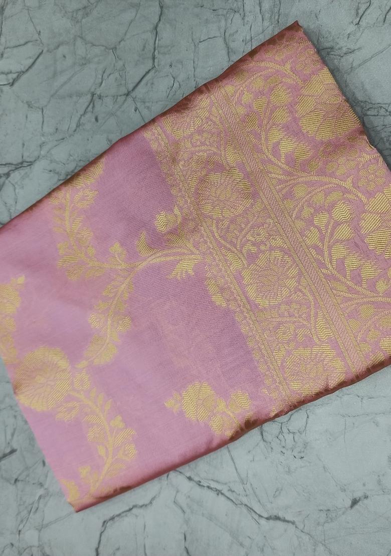 Light Pink Jacquard Silk Blend Saree Set - Indya
