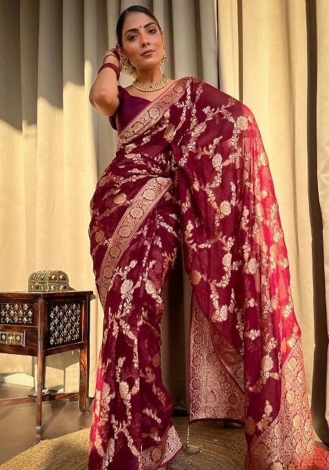 Maroon Jacquard Silk Blend Saree Set
