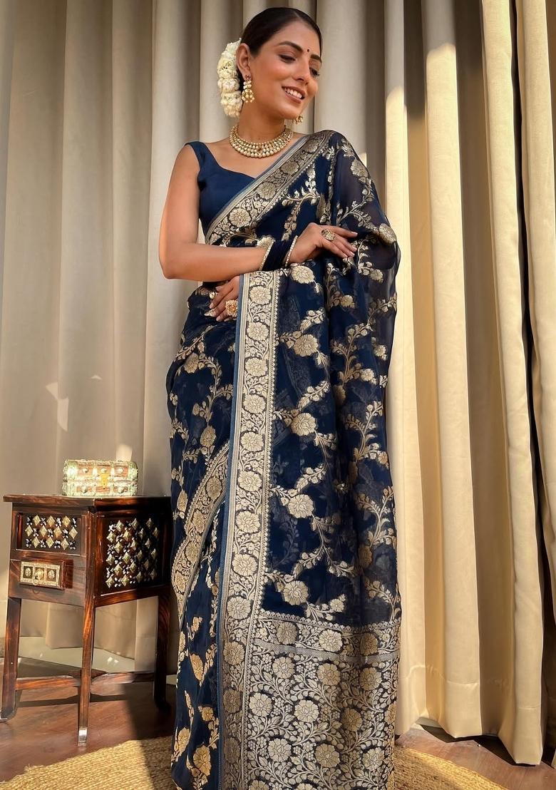 Navy Blue Jacquard Silk Blend Saree Set - Indya