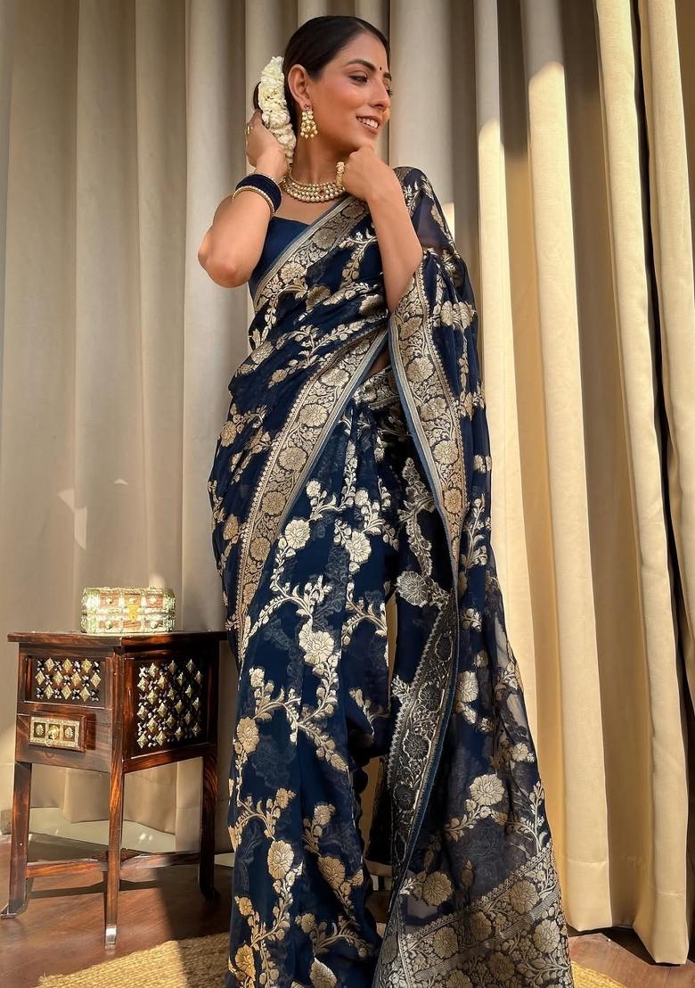 Navy Blue Jacquard Silk Blend Saree Set - Indya