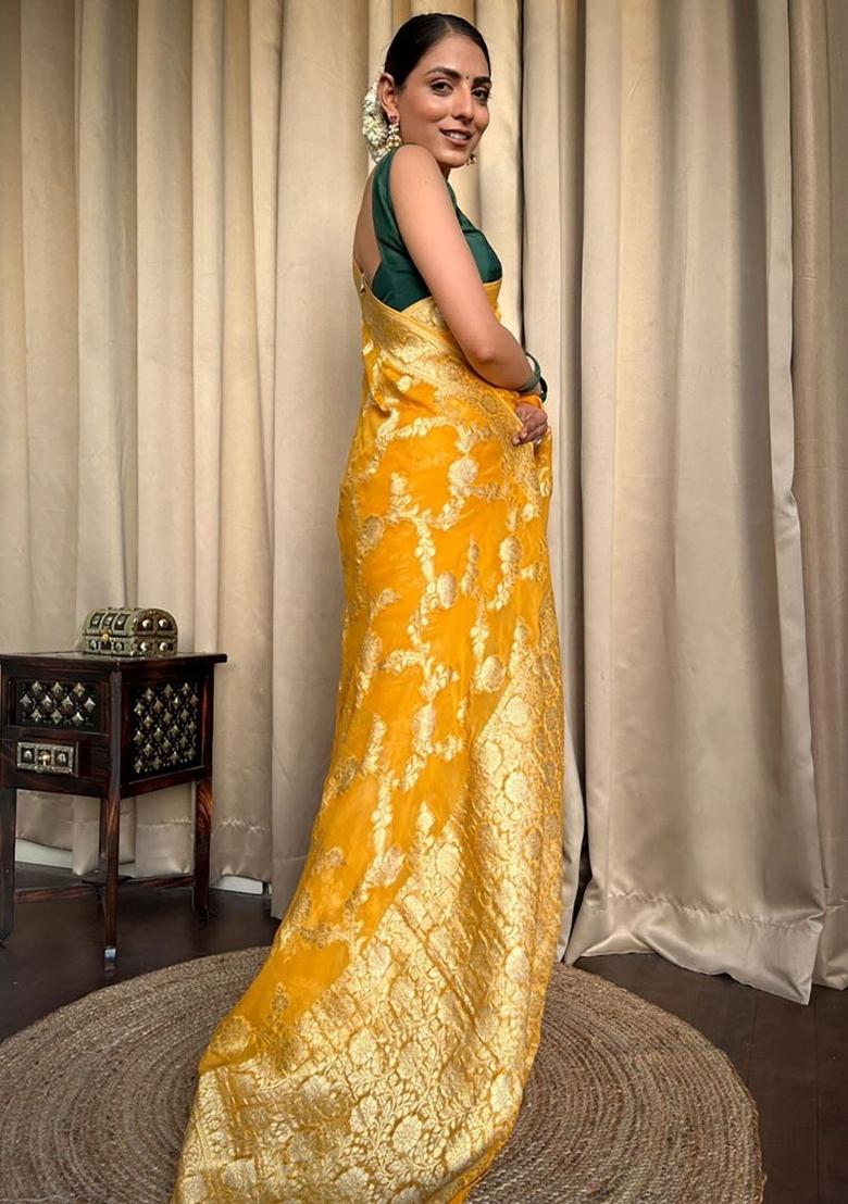Yellow Jacquard Silk Blend Saree Set - Indya