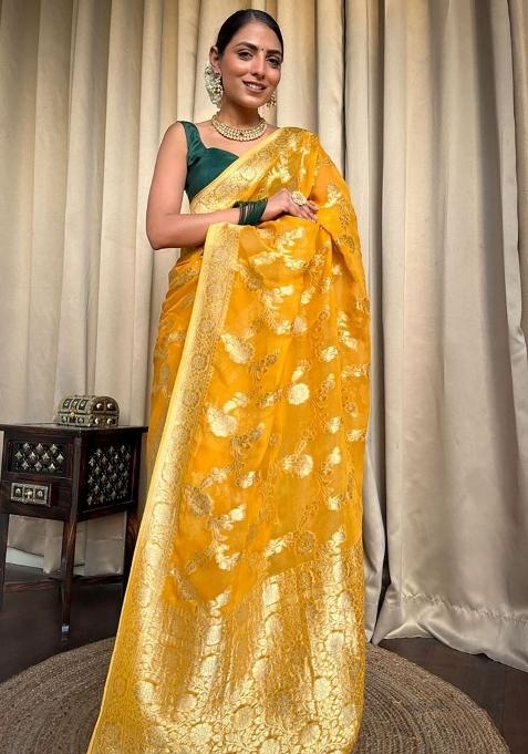 Yellow Jacquard Silk Blend Saree Set