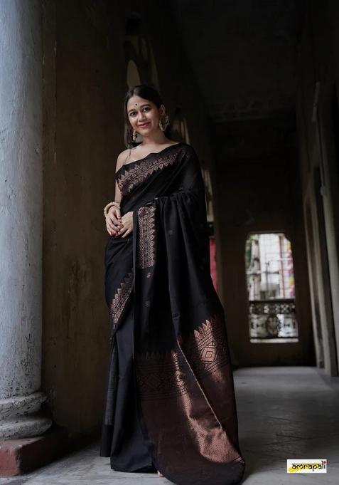Black Jacquard Silk Blend Saree Set