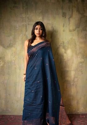 Blue Jacquard Silk Blend Saree Set