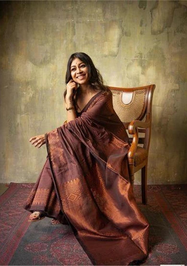 Brown Jacquard Silk Blend Saree Set - Indya