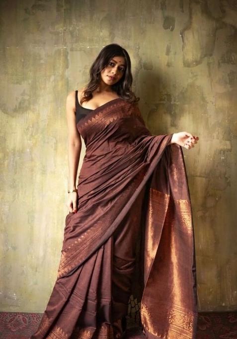 Brown Jacquard Silk Saree Set