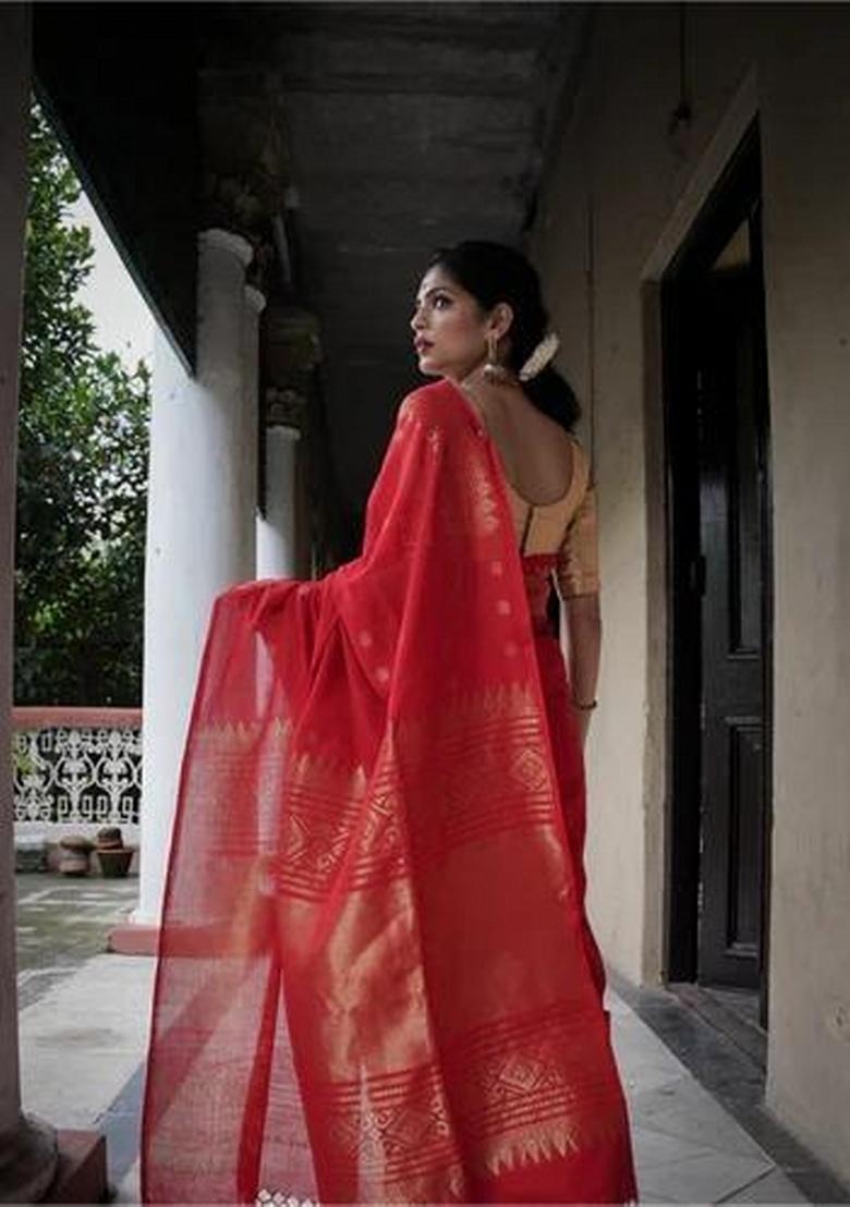 Red Jacquard Silk Blend Saree Set - Indya