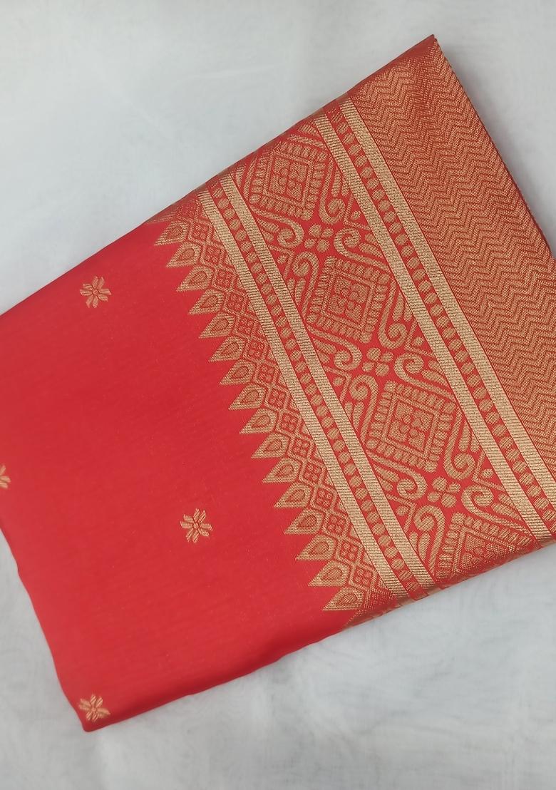 Red Jacquard Silk Blend Saree Set - Indya