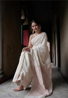 White Jacquard Silk Blend Saree Set