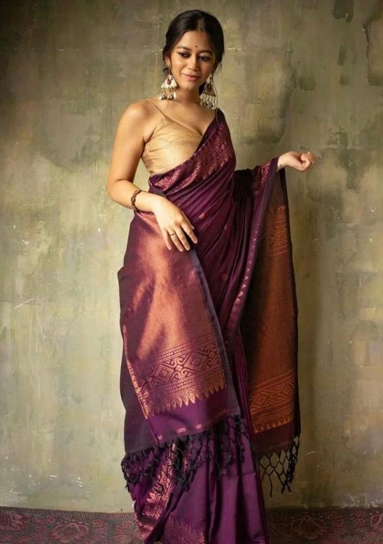 Wine Jacquard Silk Blend Saree Set - Indya