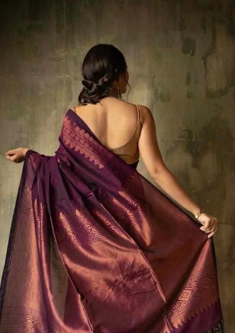 Wine Jacquard Silk Blend Saree Set - Indya
