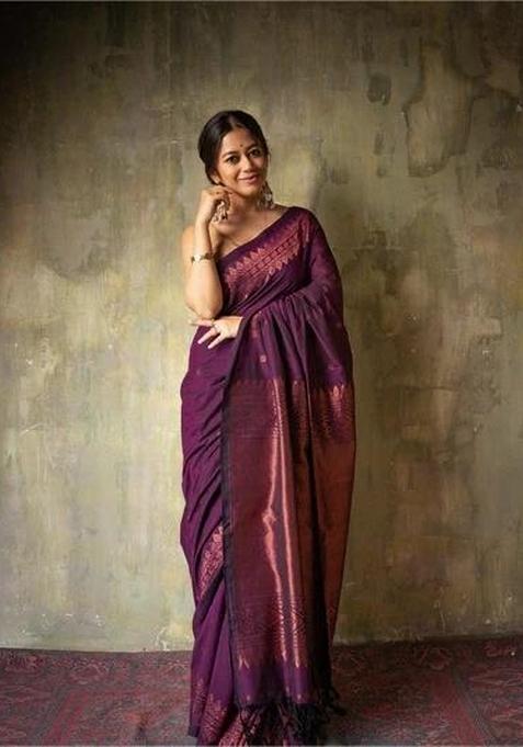 Wine Jacquard Silk Blend Saree Set