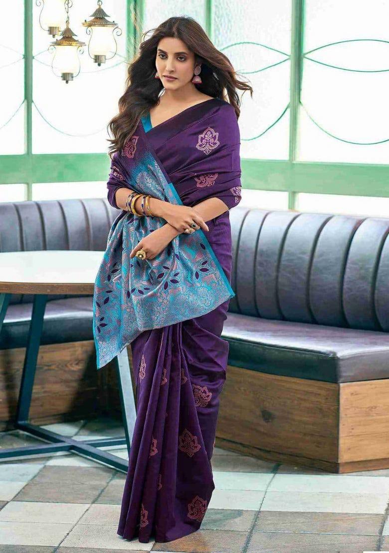 Wine Jacquard Silk Blend Saree Set - Indya