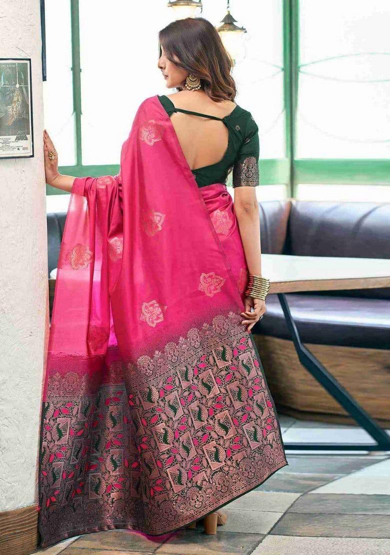 Magenta Jacquard Silk Blend Saree Set - Indya