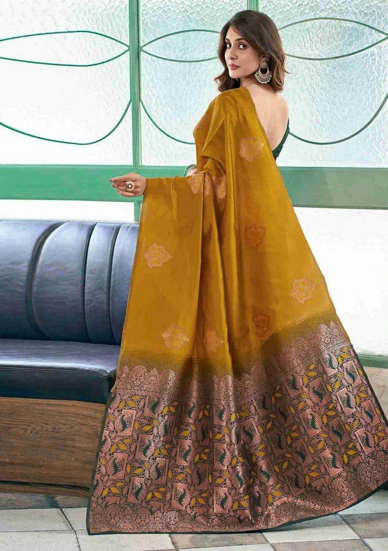 Yellow Jacquard Silk Blend Saree Set - Indya