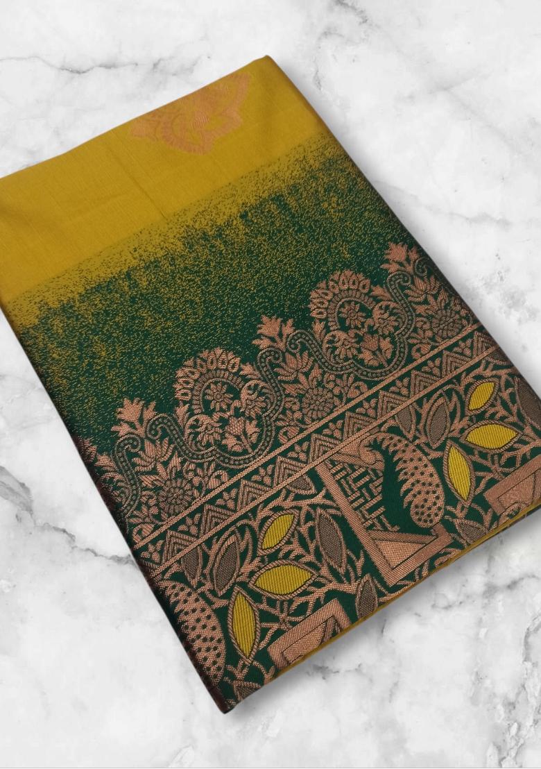 Yellow Jacquard Silk Blend Saree Set - Indya
