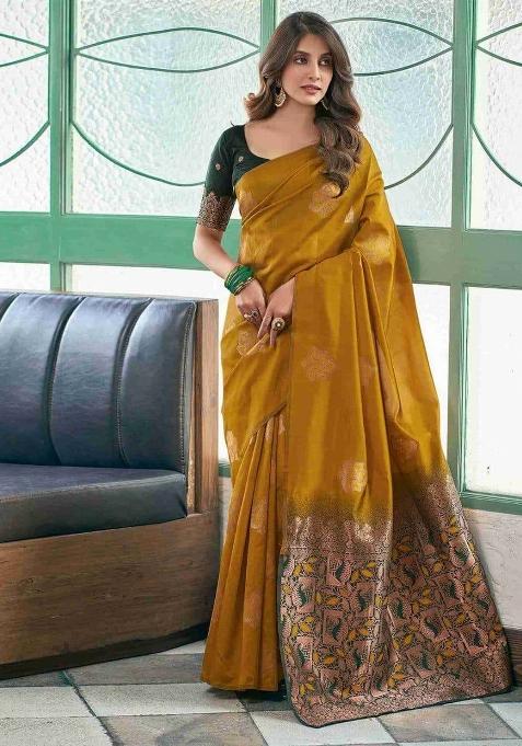 Yellow Jacquard Silk Blend Saree Set