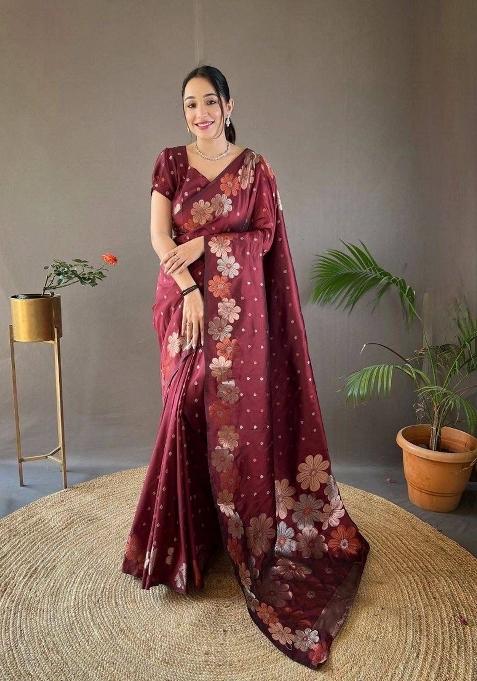 Maroon Jacquard Silk Blend Saree Set