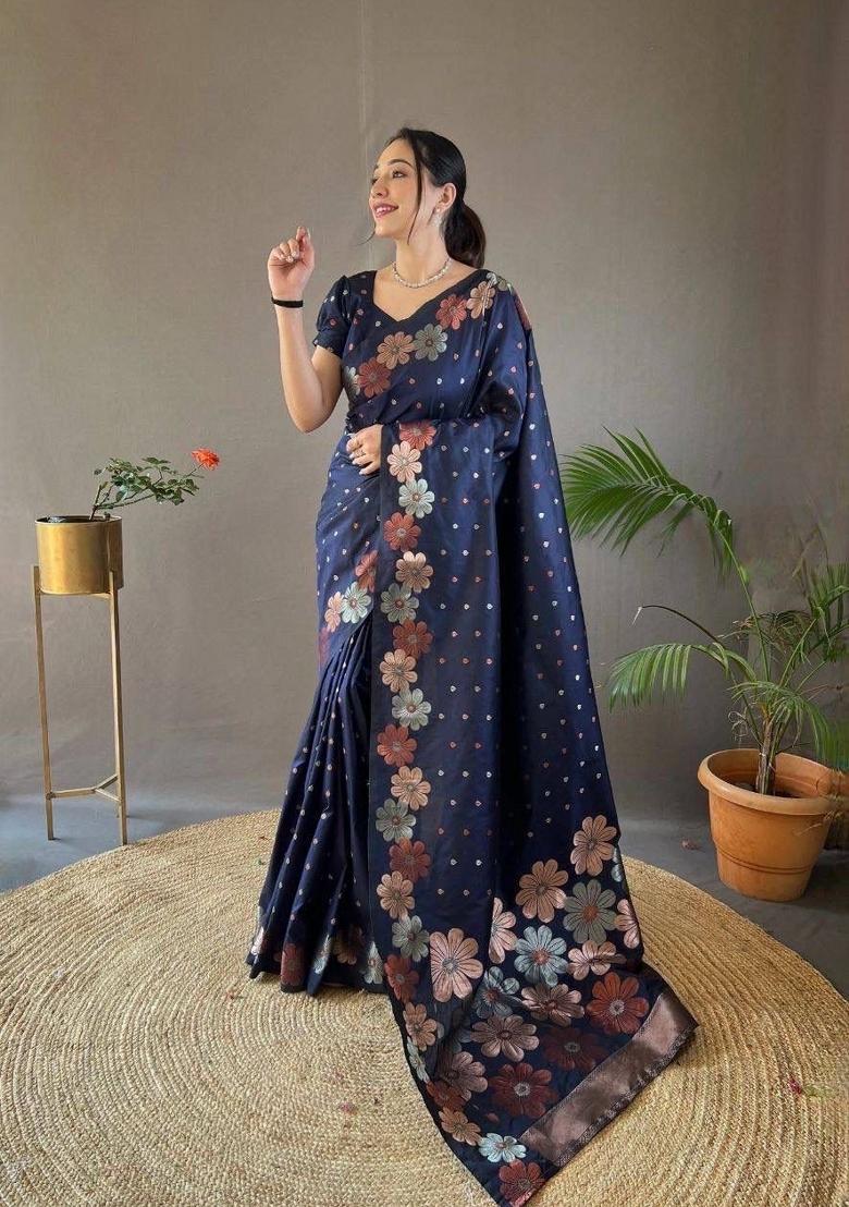 Navy Blue Jacquard Silk Blend Saree Set - Indya