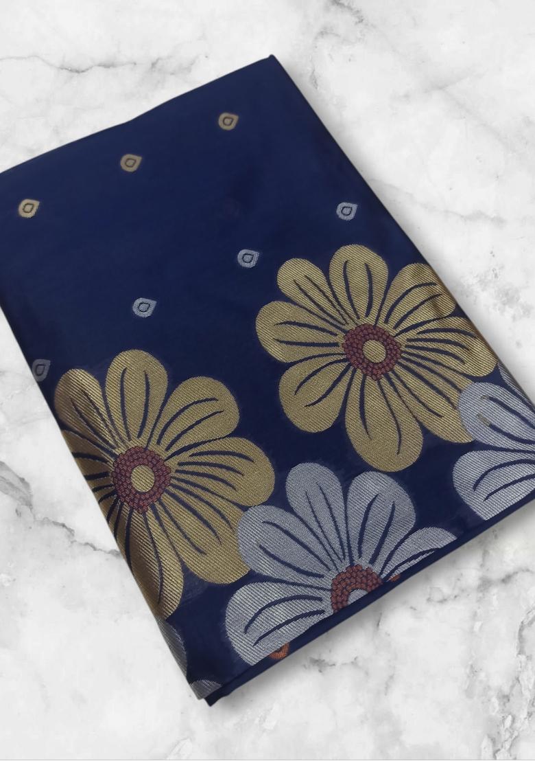 Navy Blue Jacquard Silk Blend Saree Set - Indya
