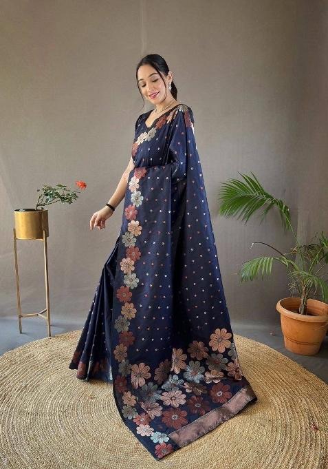 Navy Blue Jacquard Silk Blend Saree Set
