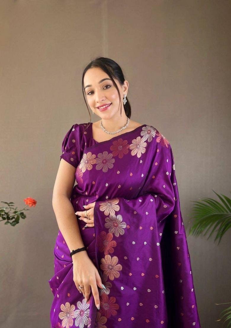 Purple Jacquard Silk Blend Saree Set - Indya