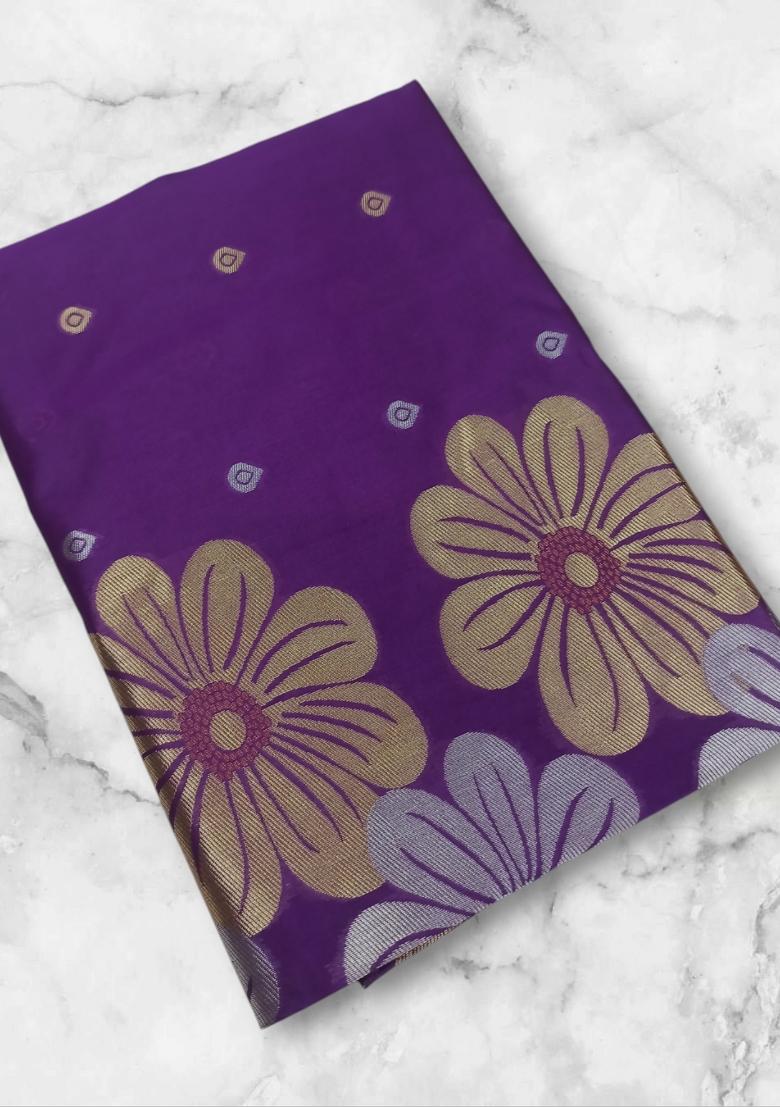 Purple Jacquard Silk Blend Saree Set - Indya