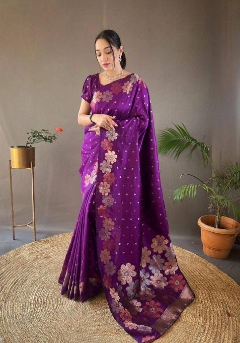 Purple Jacquard Silk Saree Set