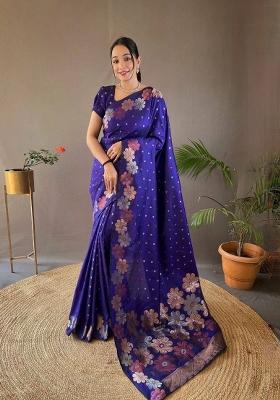 Royal Blue Jacquard Silk Blend Saree Set