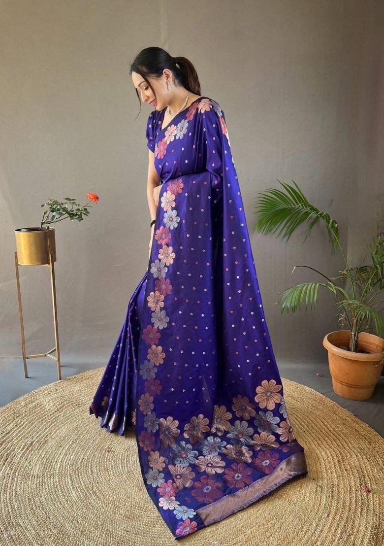 Royal Blue Jacquard Silk Blend Saree Set - Indya