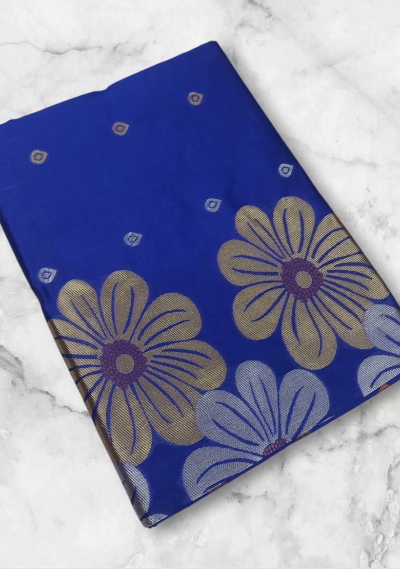 Royal Blue Jacquard Silk Blend Saree Set - Indya