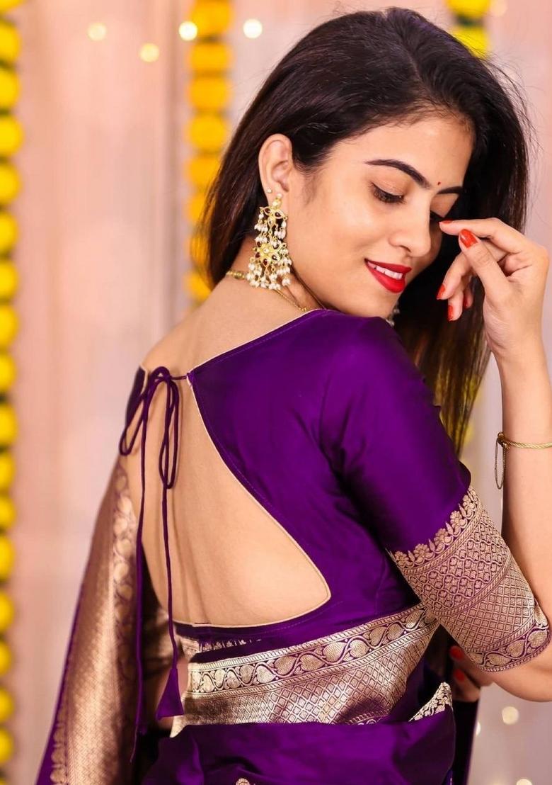 Purple Jacquard Silk Blend Saree Set - Indya