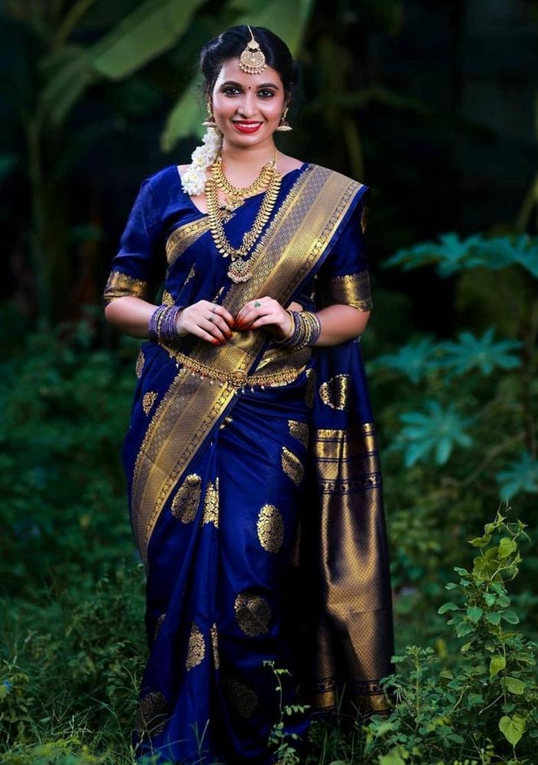 Royal Blue Jacquard Silk Blend Saree Set - Indya