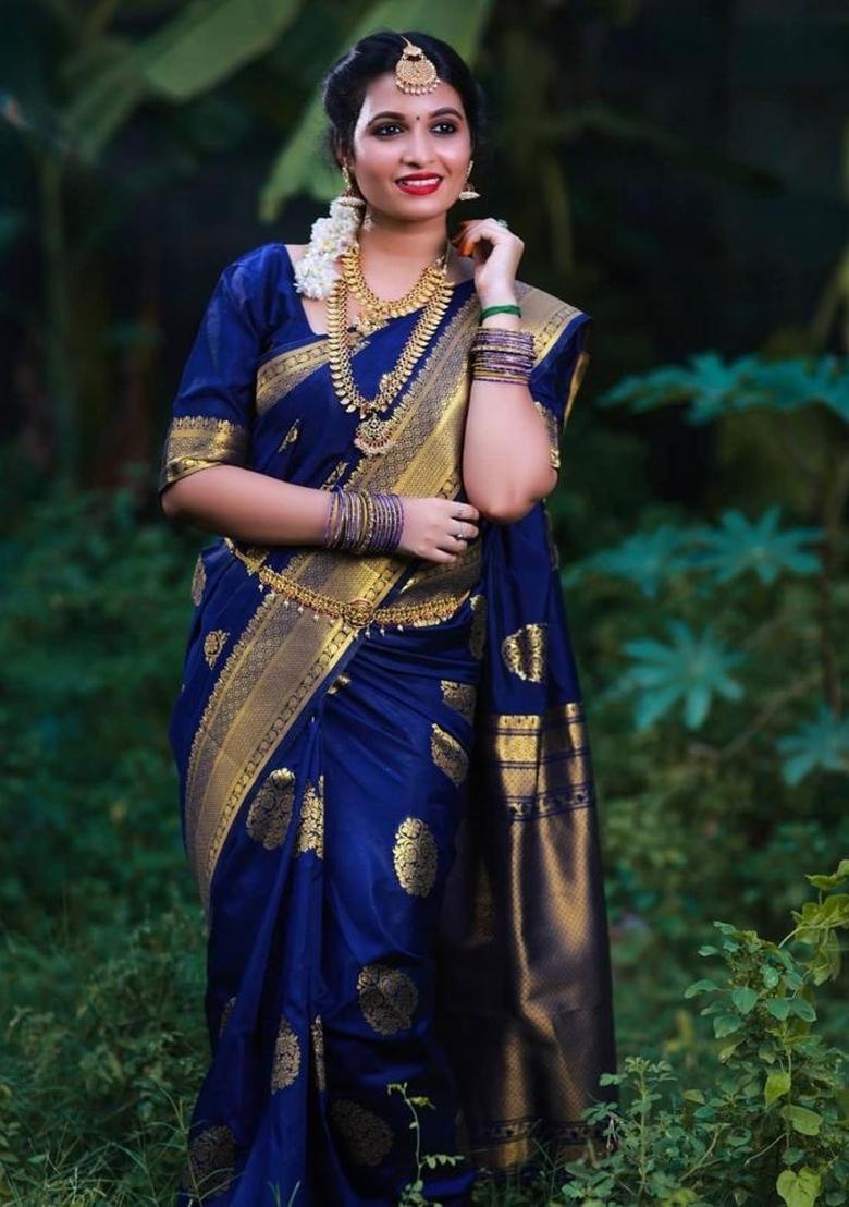 Royal Blue Jacquard Silk Blend Saree Set - Indya