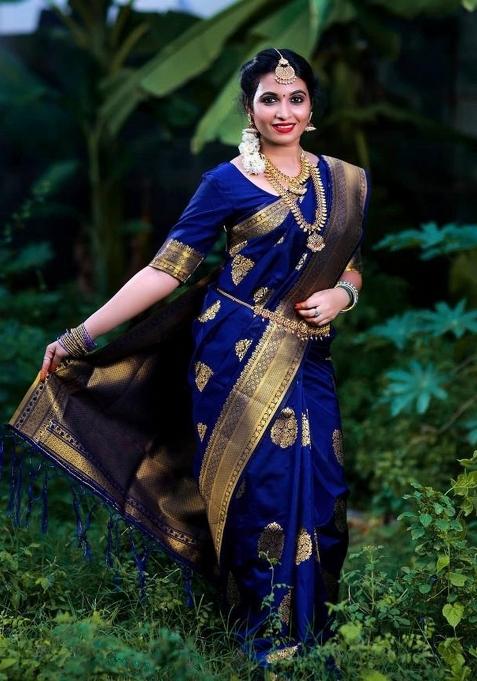 Royal Blue Jacquard Silk Blend Saree Set