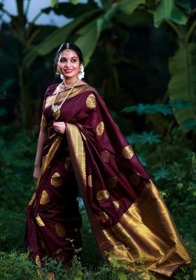 Wine Jacquard Silk Blend Saree Set