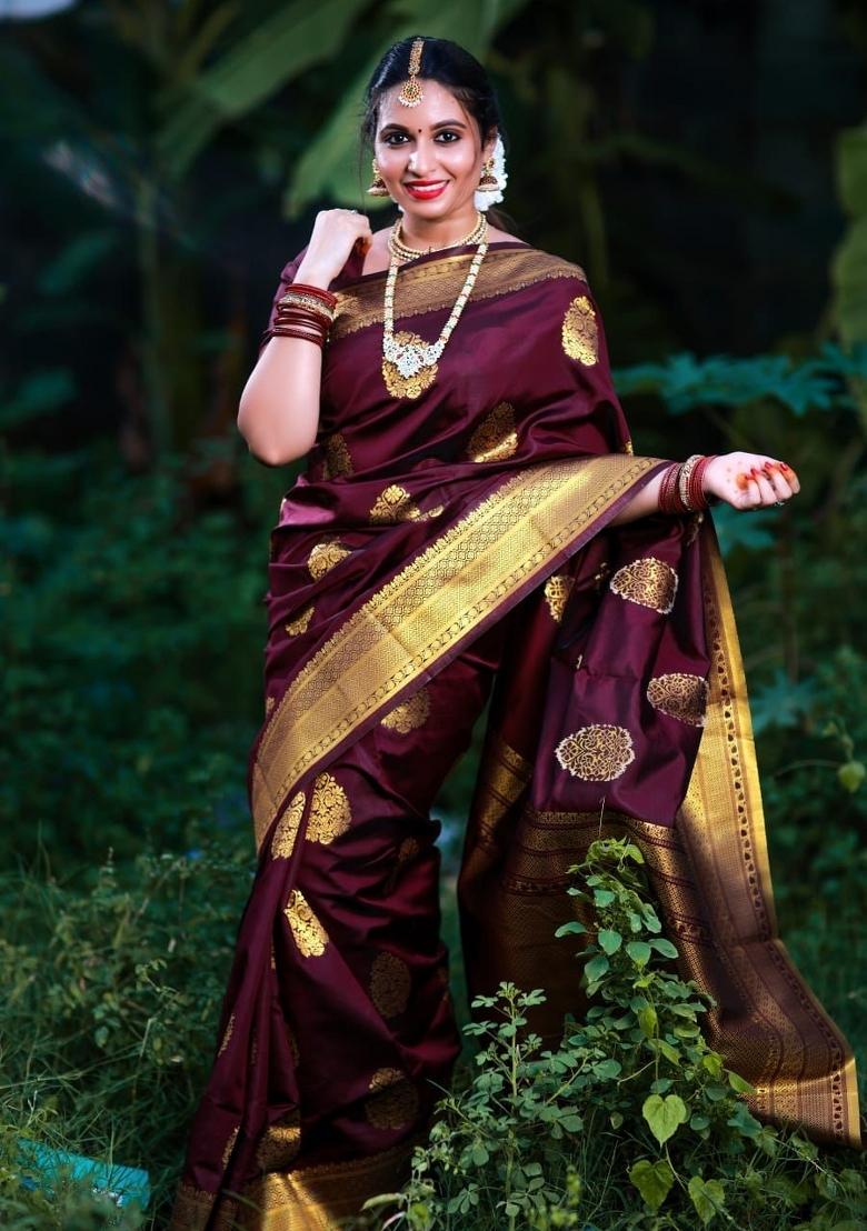 Wine Jacquard Silk Blend Saree Set - Indya