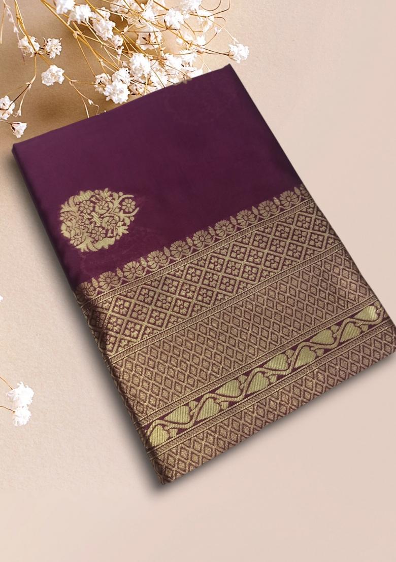 Wine Jacquard Silk Blend Saree Set - Indya