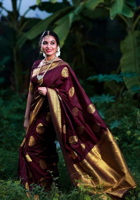 Wine Jacquard Silk Blend Saree Set