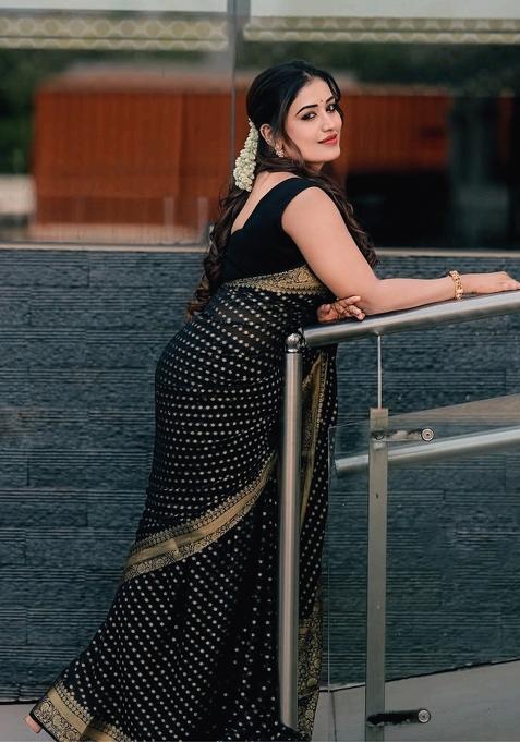 Black Jacquard Silk Blend Saree Set