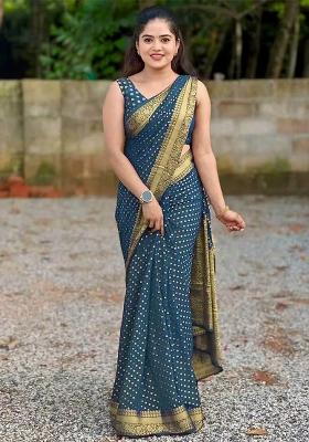 Teal Blue Jacquard Silk Blend Saree Set