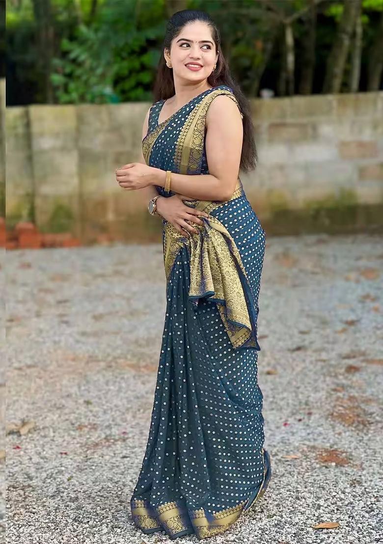 Teal Blue Jacquard Silk Blend Saree Set - Indya