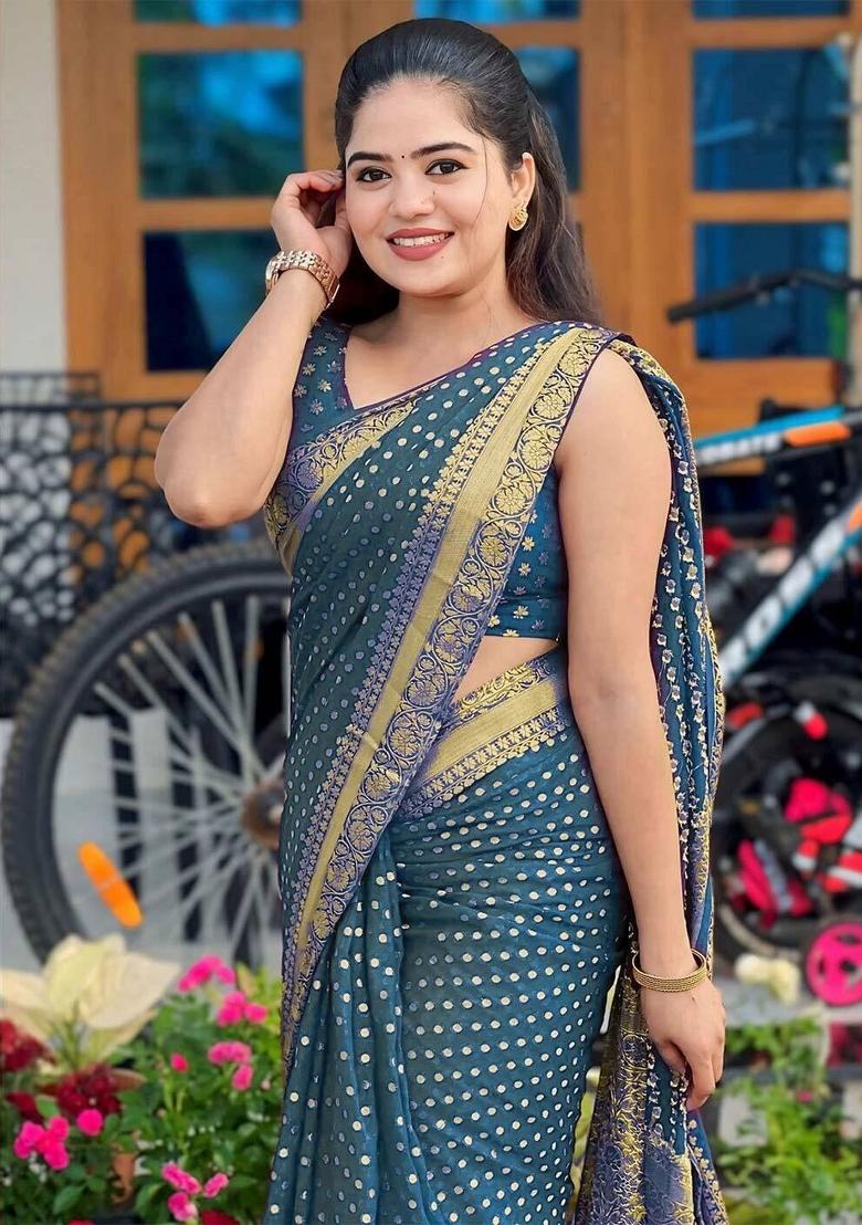 Teal Blue Jacquard Silk Blend Saree Set - Indya