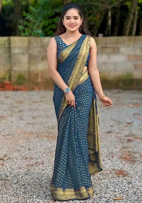 Teal Blue Jacquard Silk Blend Saree Set